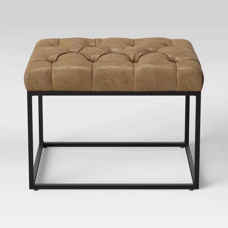 Trubeck Quilted Faux Leather Ottoman with Metal Base - Brown