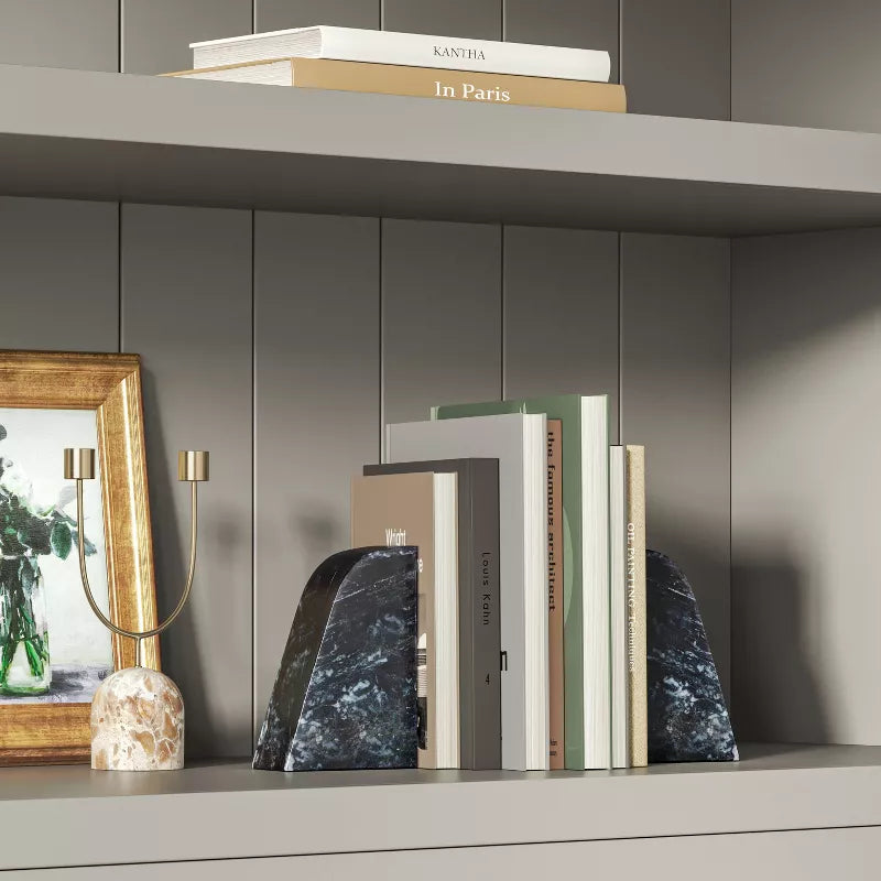 2-Piece Black Marble Bookends: Elegant Support for Table and Shelf Organization.