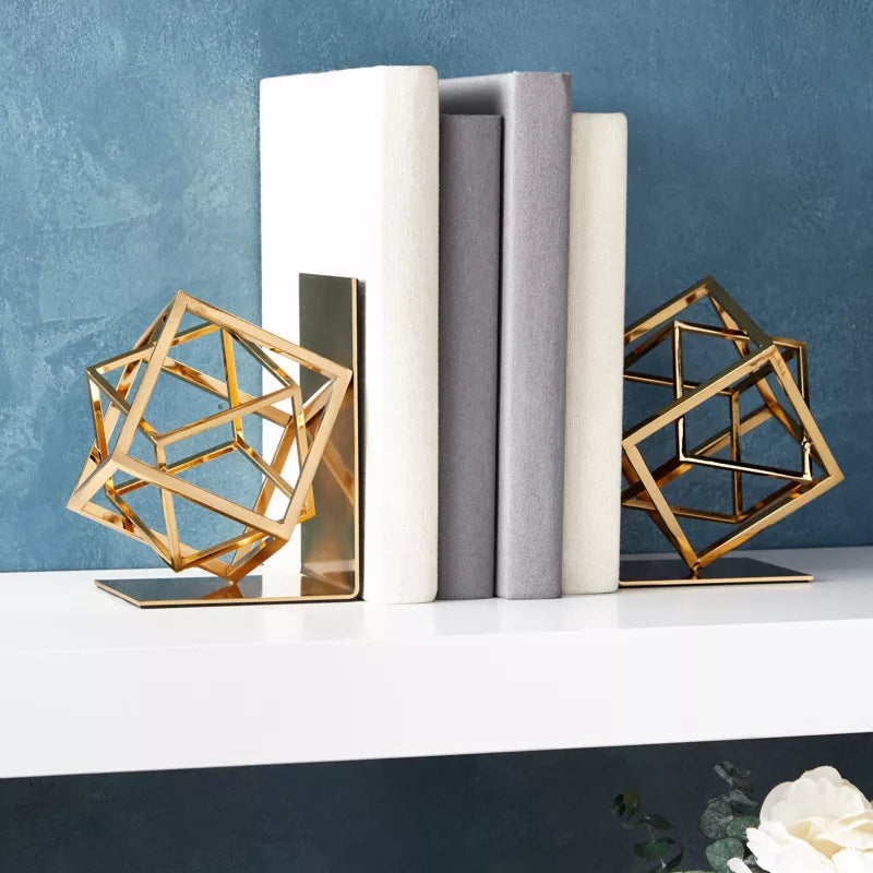 Juvale Decorative Gold Bookends with Square Geometric Metal Design